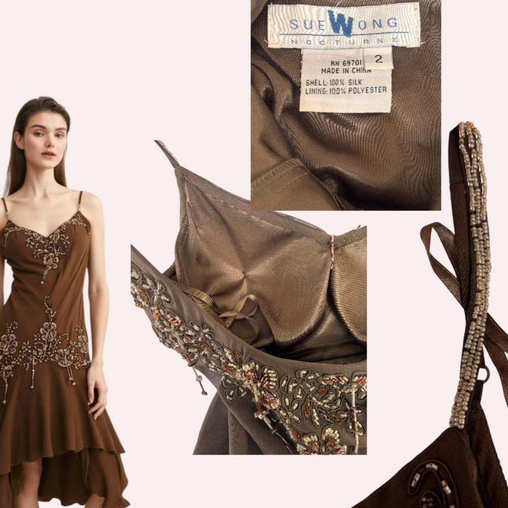y2k vintage insane Sue Wong brown/olive mossy green brown beaded silk dress 2 - Picture 6 of 7